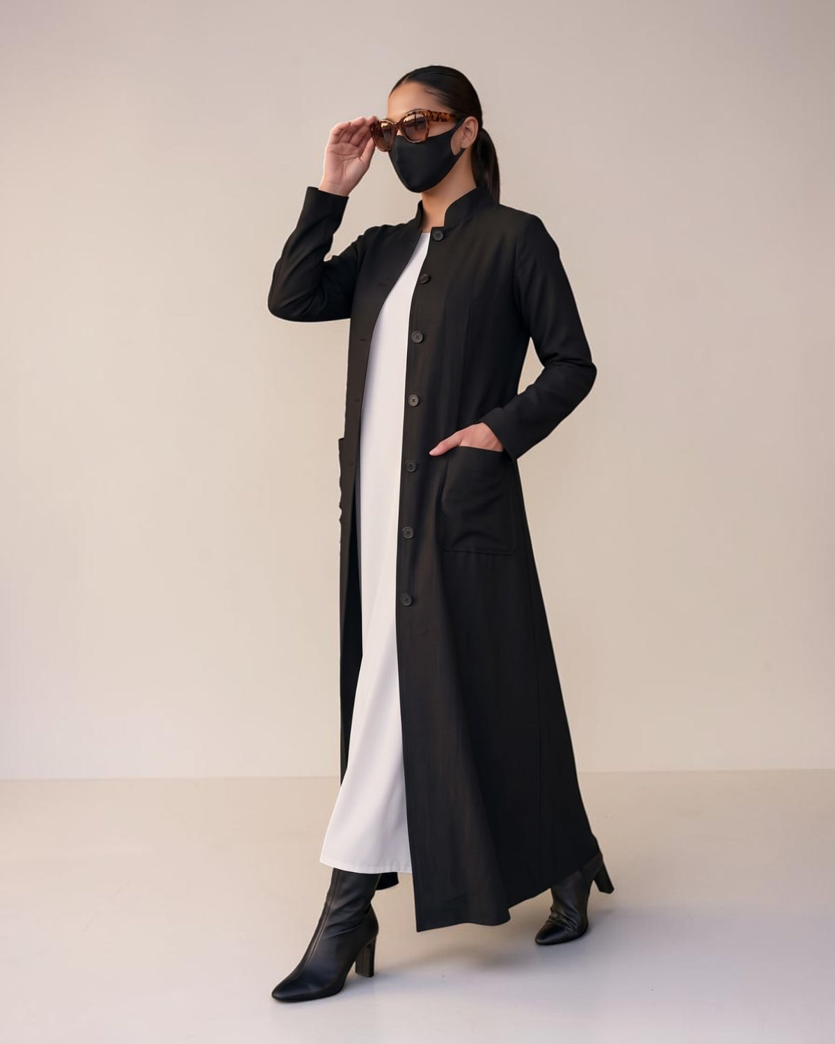 Latest Coat Abaya with Soft Shoulder Pads and Mandarin Collar| Black