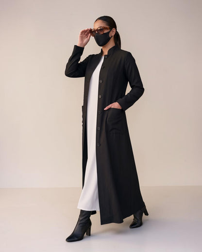 Latest Coat Abaya with Soft Shoulder Pads and Mandarin Collar| Black