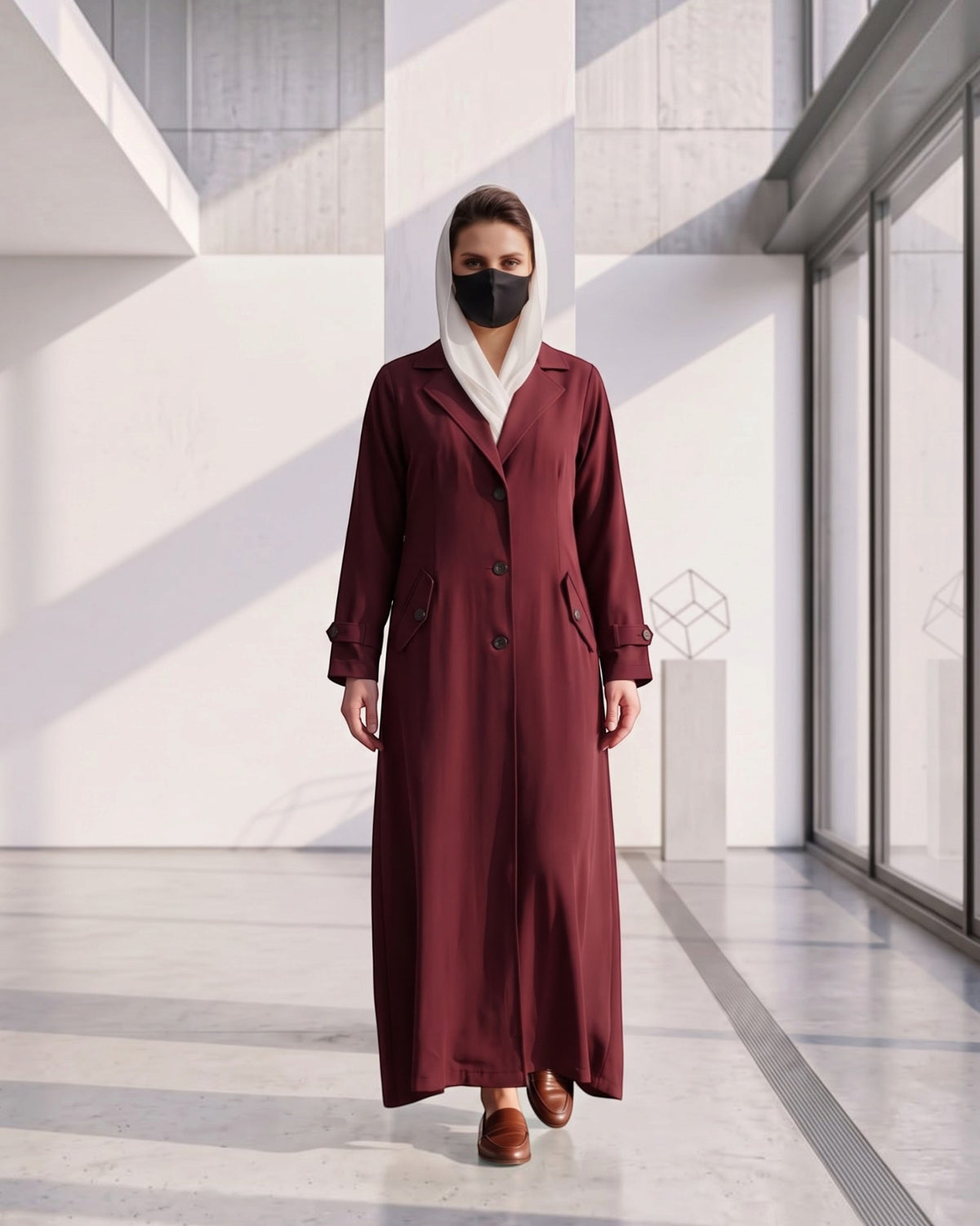 Executive Abaya Coat with Structured Shoulders (Maroon)