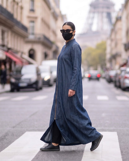 Urban Denim Zipper Abaya with Mandarin Collar