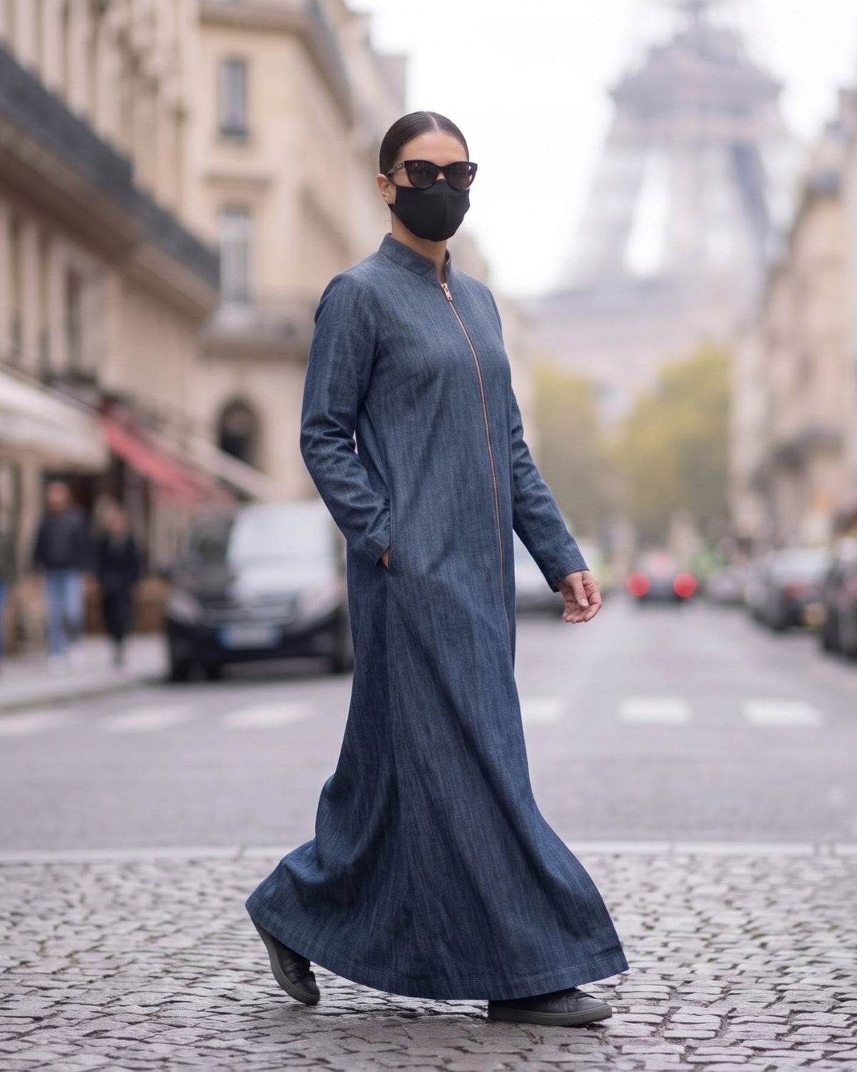 Urban Denim Zipper Abaya with Mandarin Collar