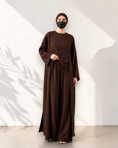 Brown Abaya-like Co-ord Set with Long Tunic and Elasticated Bottom