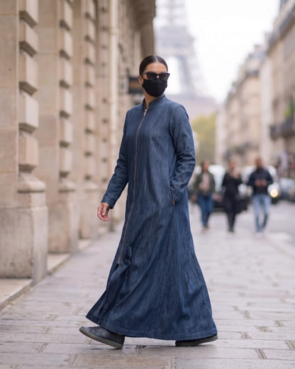 Urban Denim Zipper Abaya with Mandarin Collar