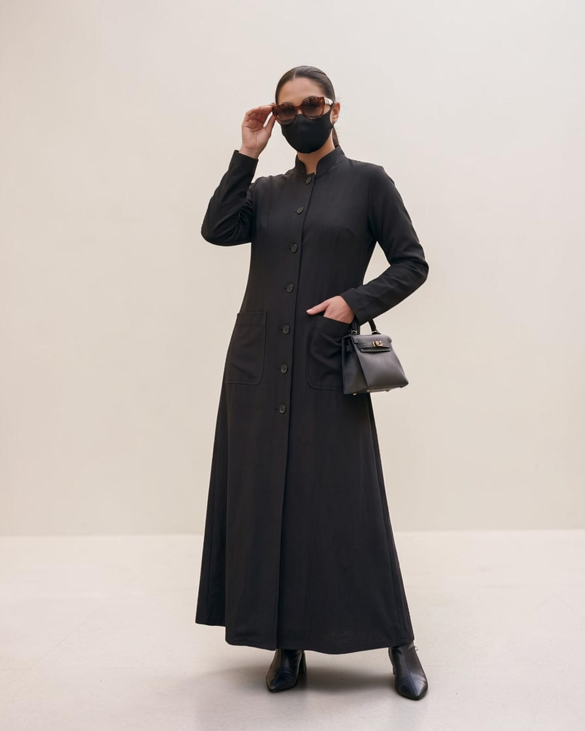 Latest Coat Abaya with Soft Shoulder Pads and Mandarin Collar| Black