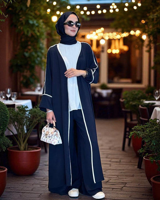 Elegant Navy Blue Co-Ord Abaya Set with Palazzo Pants