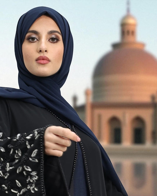 Embellished Black Diamond Georgette Abaya Dress with Firdaus Inner