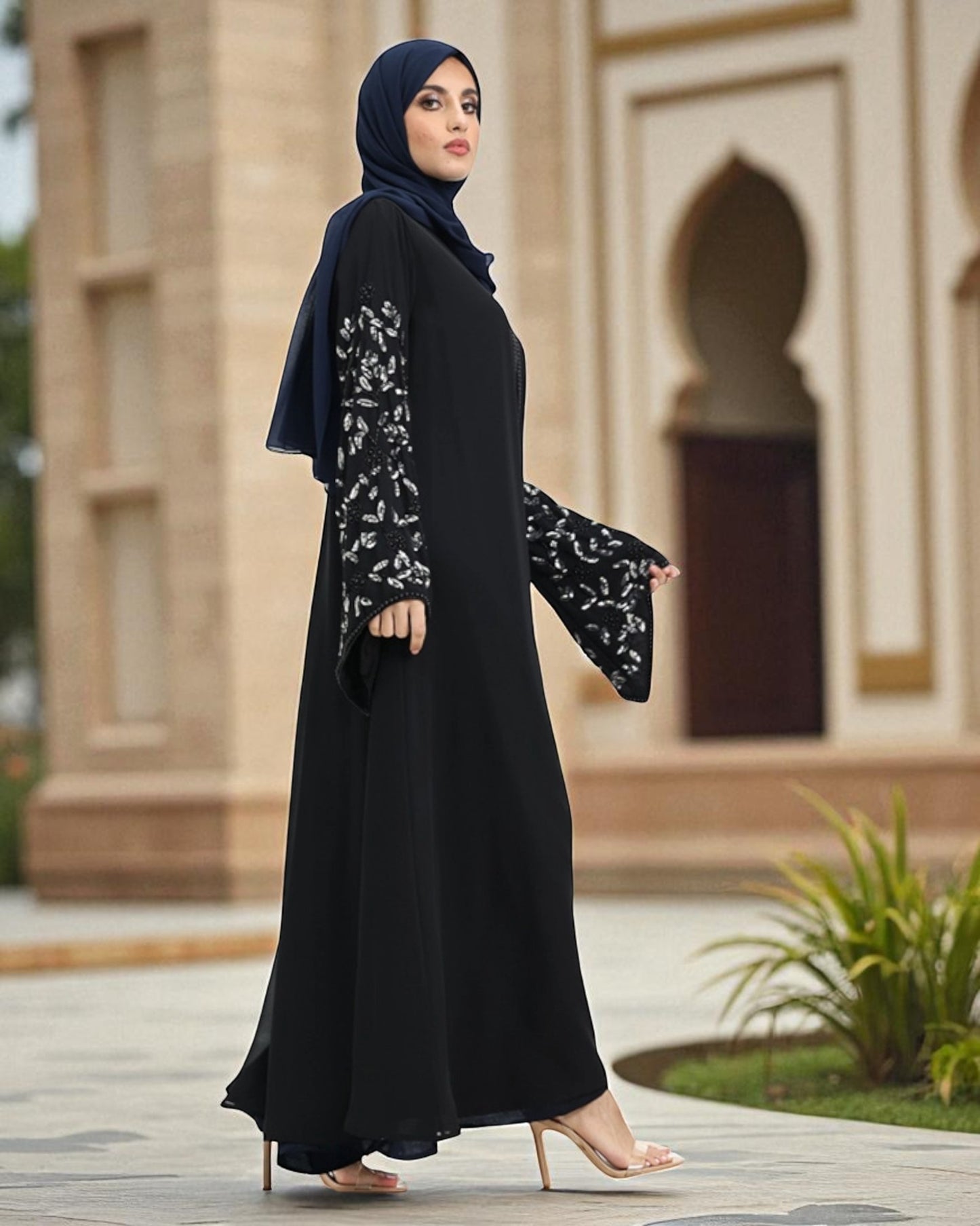 Embellished Black Diamond Georgette Abaya Dress with Firdaus Inner