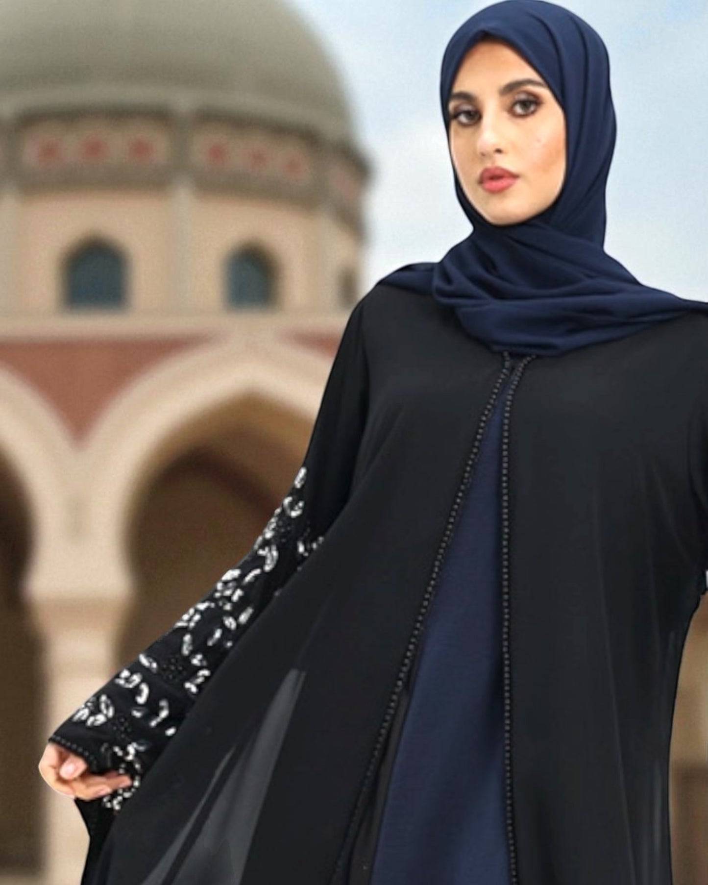 Embellished Black Diamond Georgette Abaya Dress with Firdaus Inner