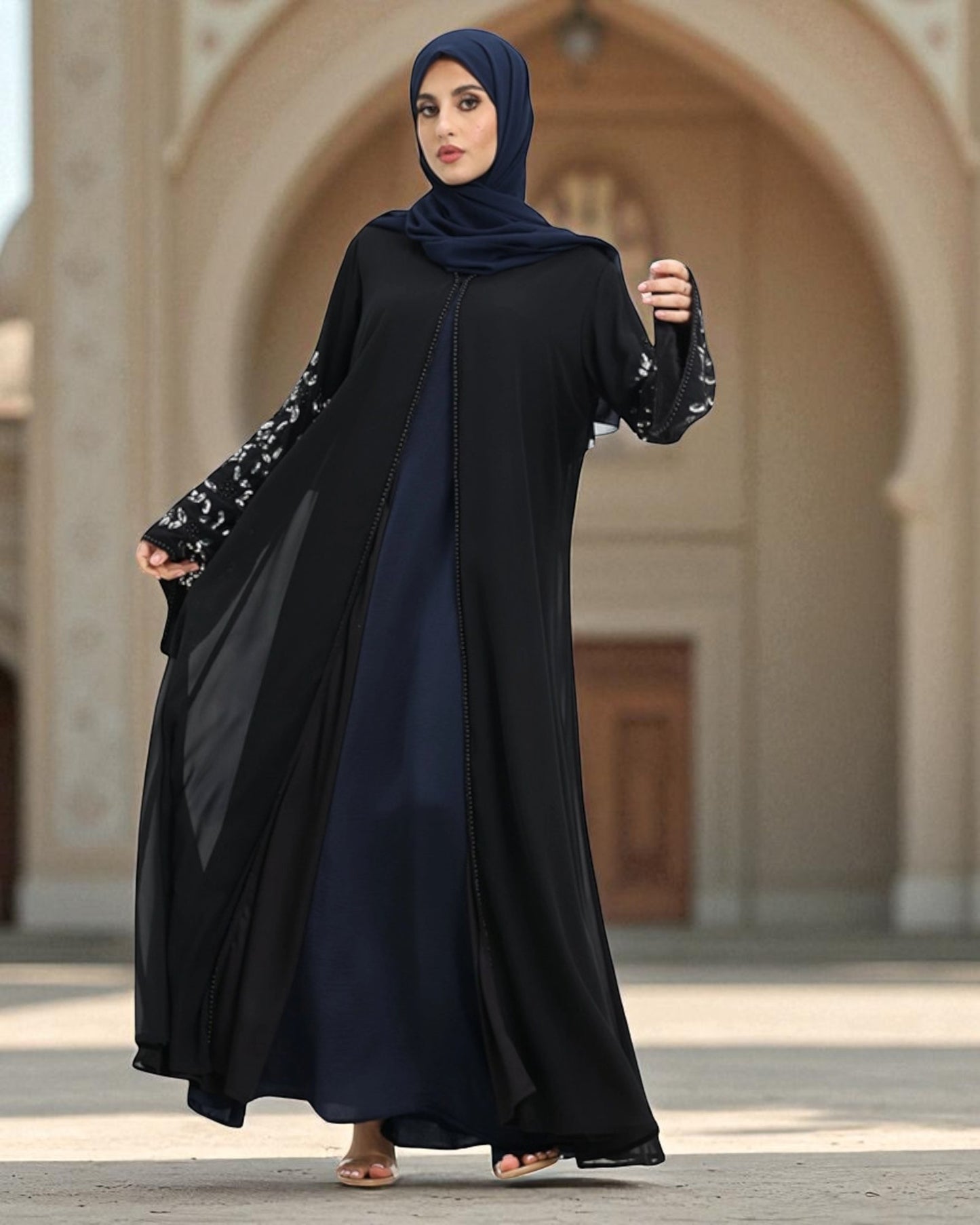 Embellished Black Diamond Georgette Abaya Dress with Firdaus Inner