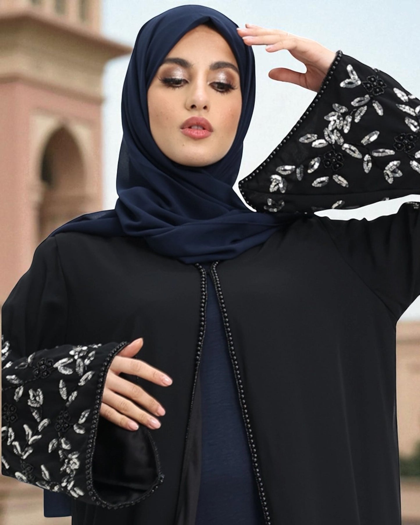 Embellished Black Diamond Georgette Abaya Dress with Firdaus Inner