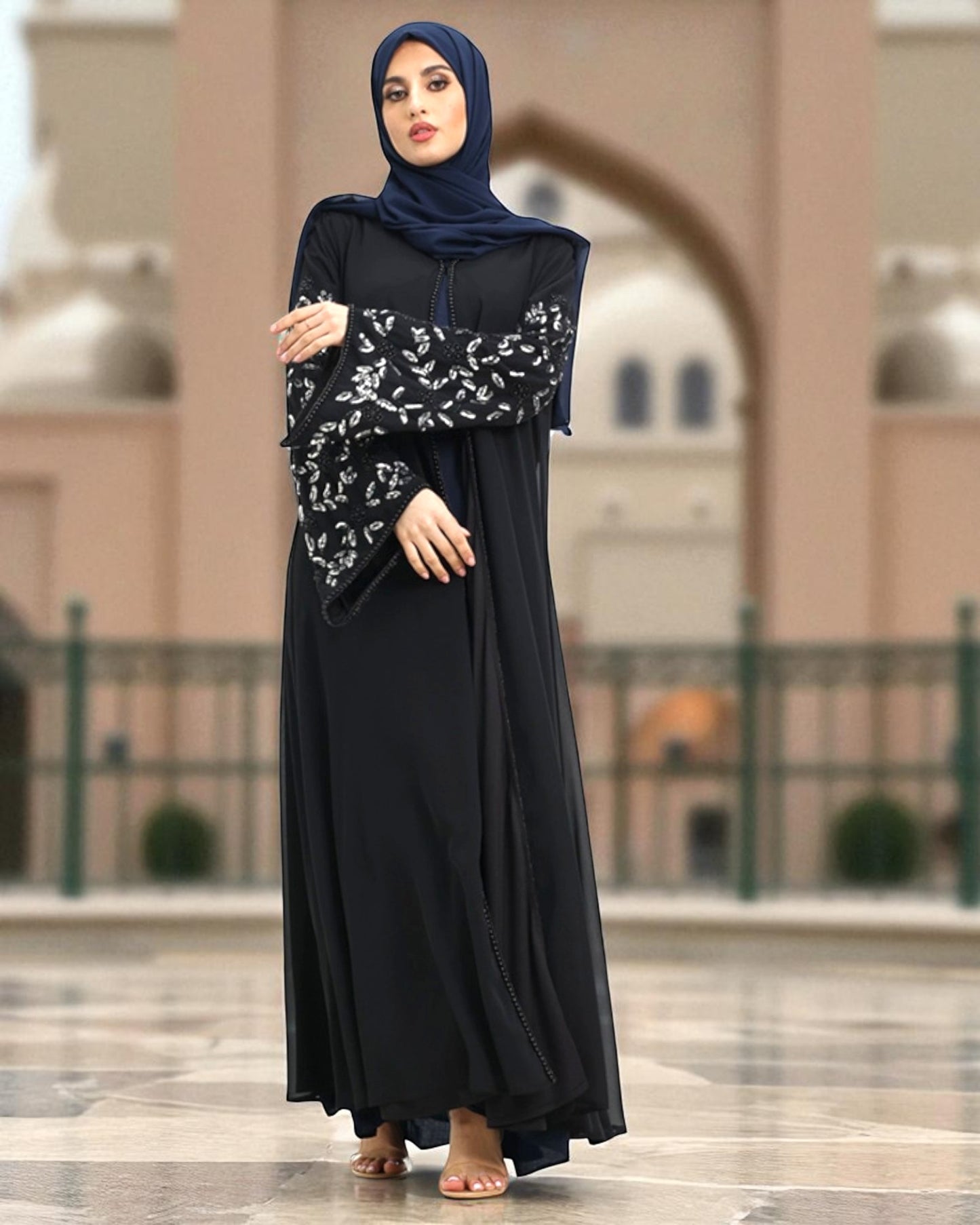 Embellished Black Diamond Georgette Abaya Dress with Firdaus Inner