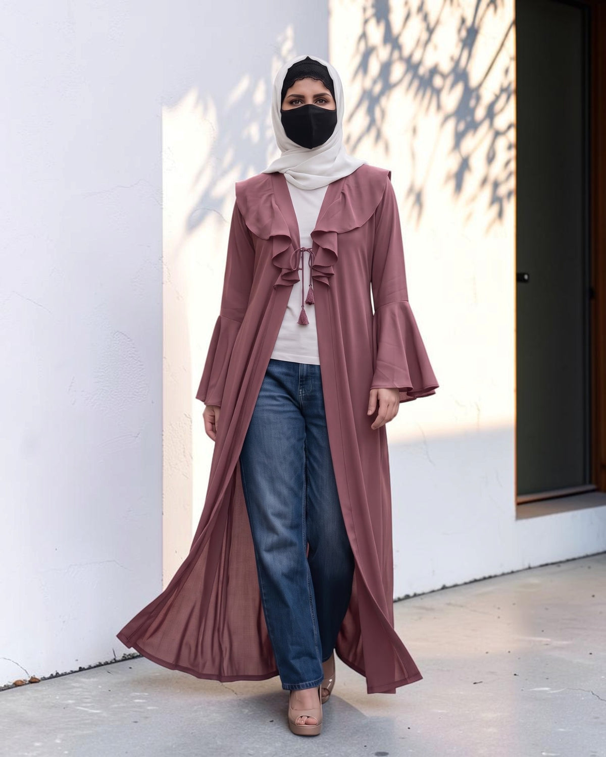 Ruffle Yoke Cardigan Abaya with Statement Bell Sleeves