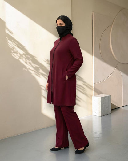 2-Piece Modest Co-Ord Set with Zipper Top & Elasticated Trousers | Optional Hijab | Maroon