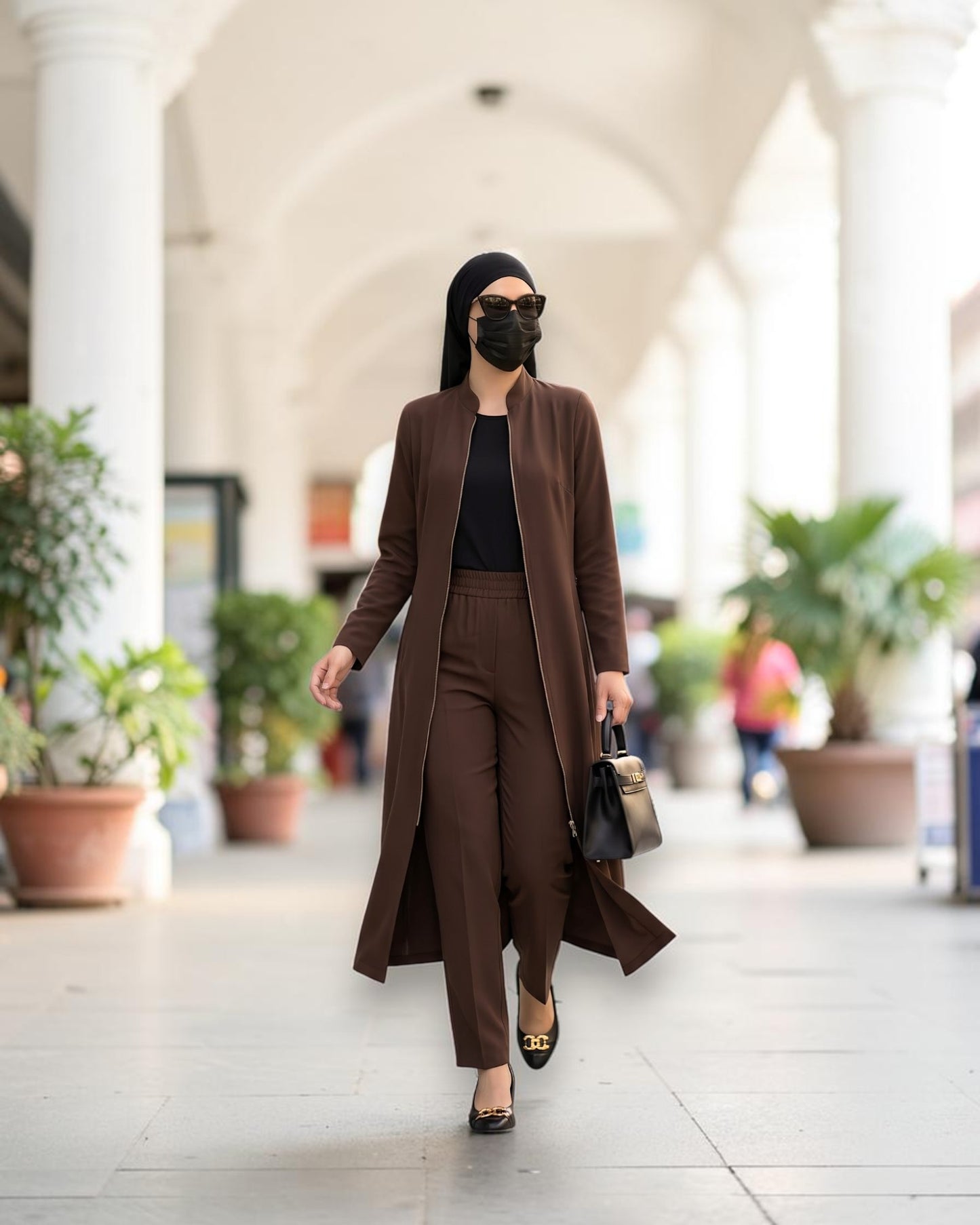 Modest Workwear Long Top with Hijab | Optional Pant | Brown