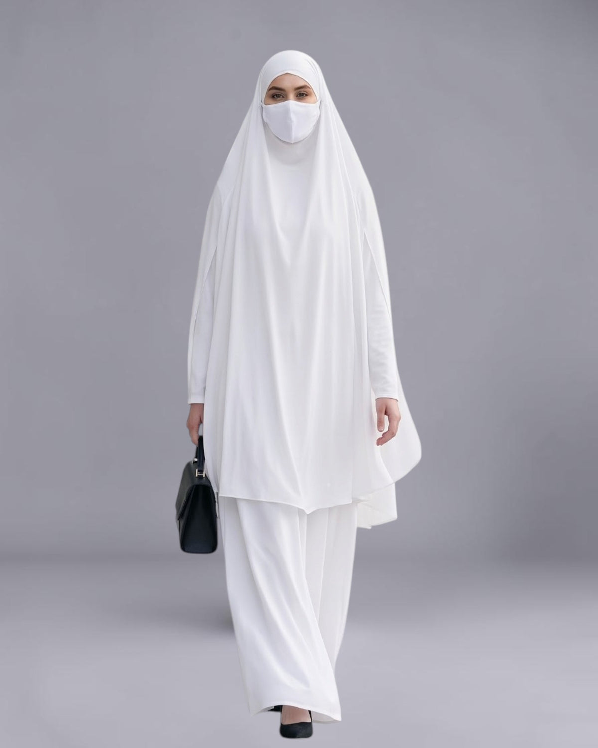 White Jilbab Duo with Convertible Sleeved Khimar For Haj Or Umrah