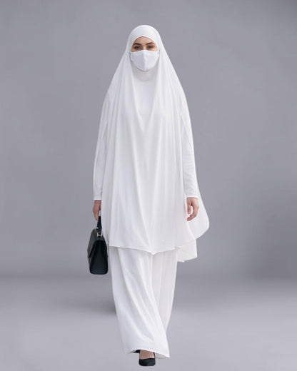 White Jilbab Duo with Convertible Sleeved Khimar For Haj Or Umrah