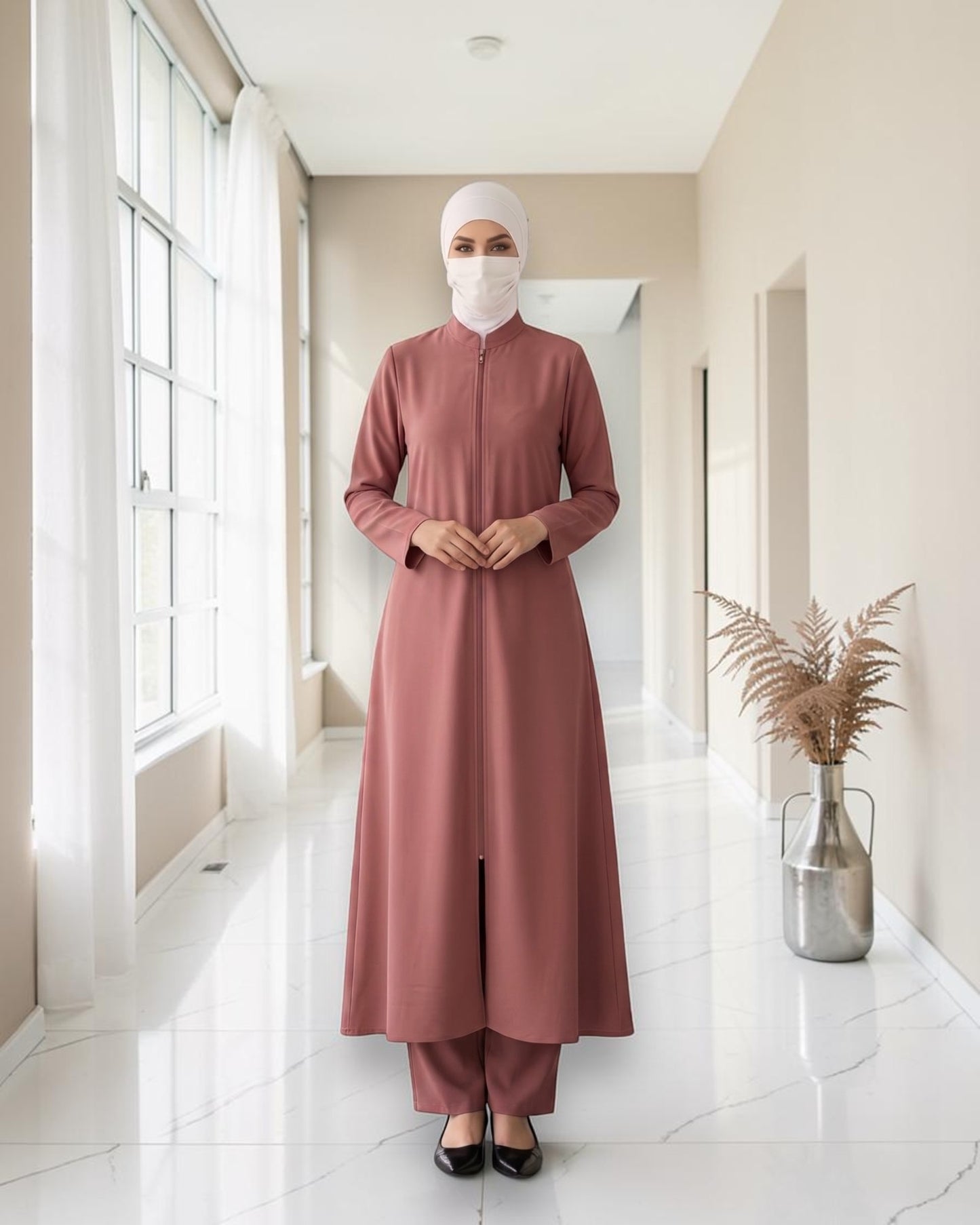 Modest Workwear Long Top with Hijab | Optional Pant |Puce Pink