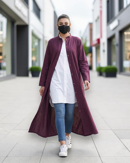 Front-Open Cotton Abaya Shirt with Mandarin Collar – Maroon & Blue