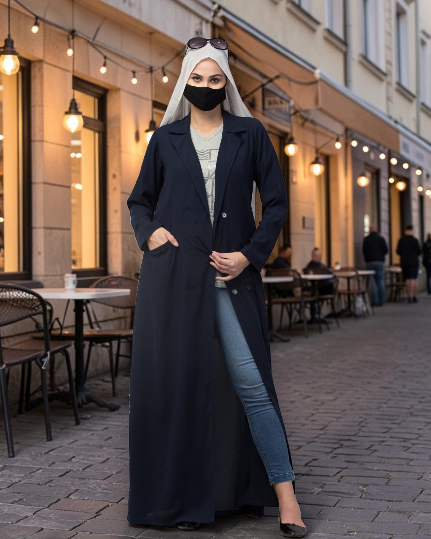 Double-Breasted Coat Abaya for Work with Free Hijab | Optional Inner | Navy Blue