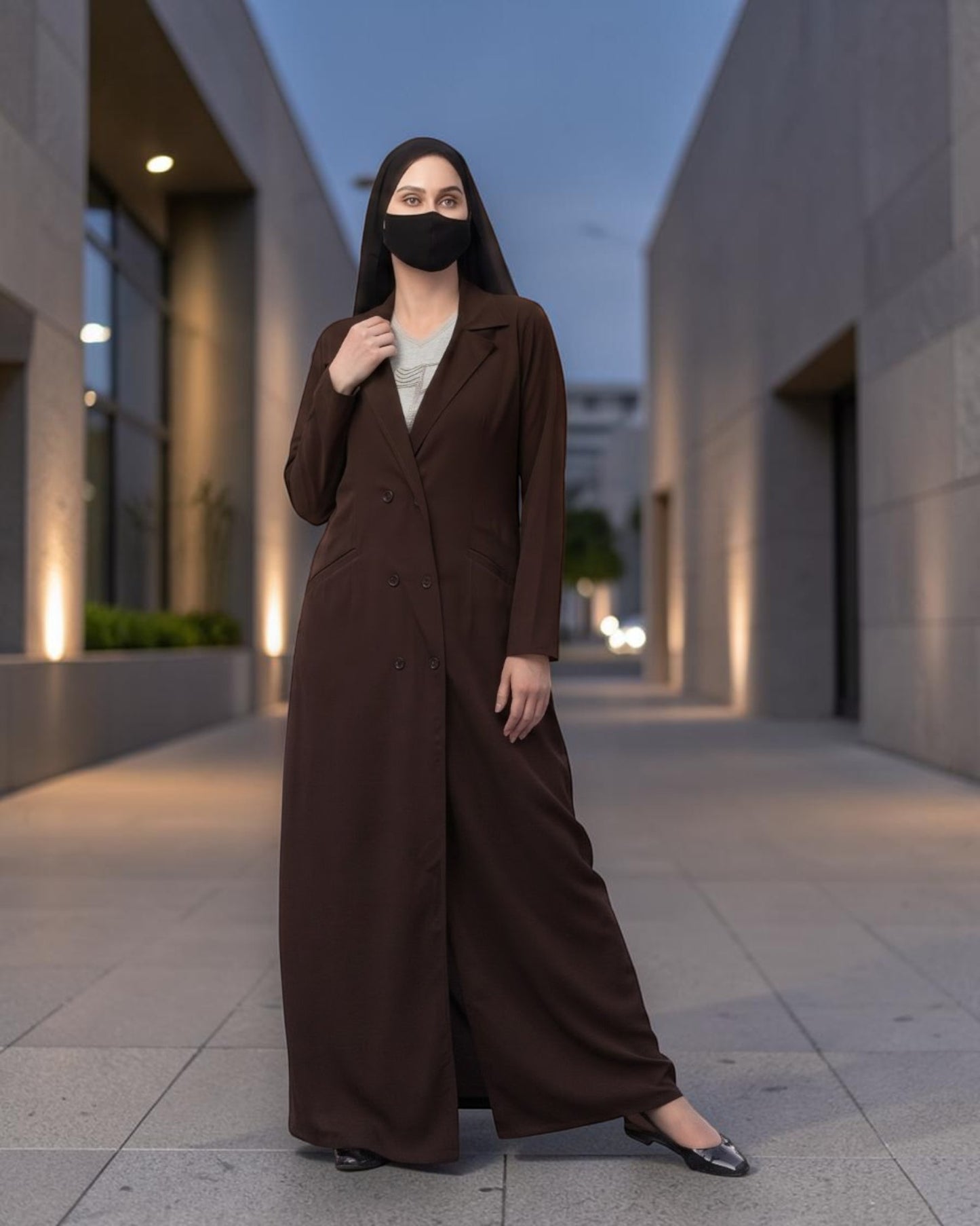 Double-Breasted Coat Abaya for Work with Free Hijab | Optional Inner | Brown