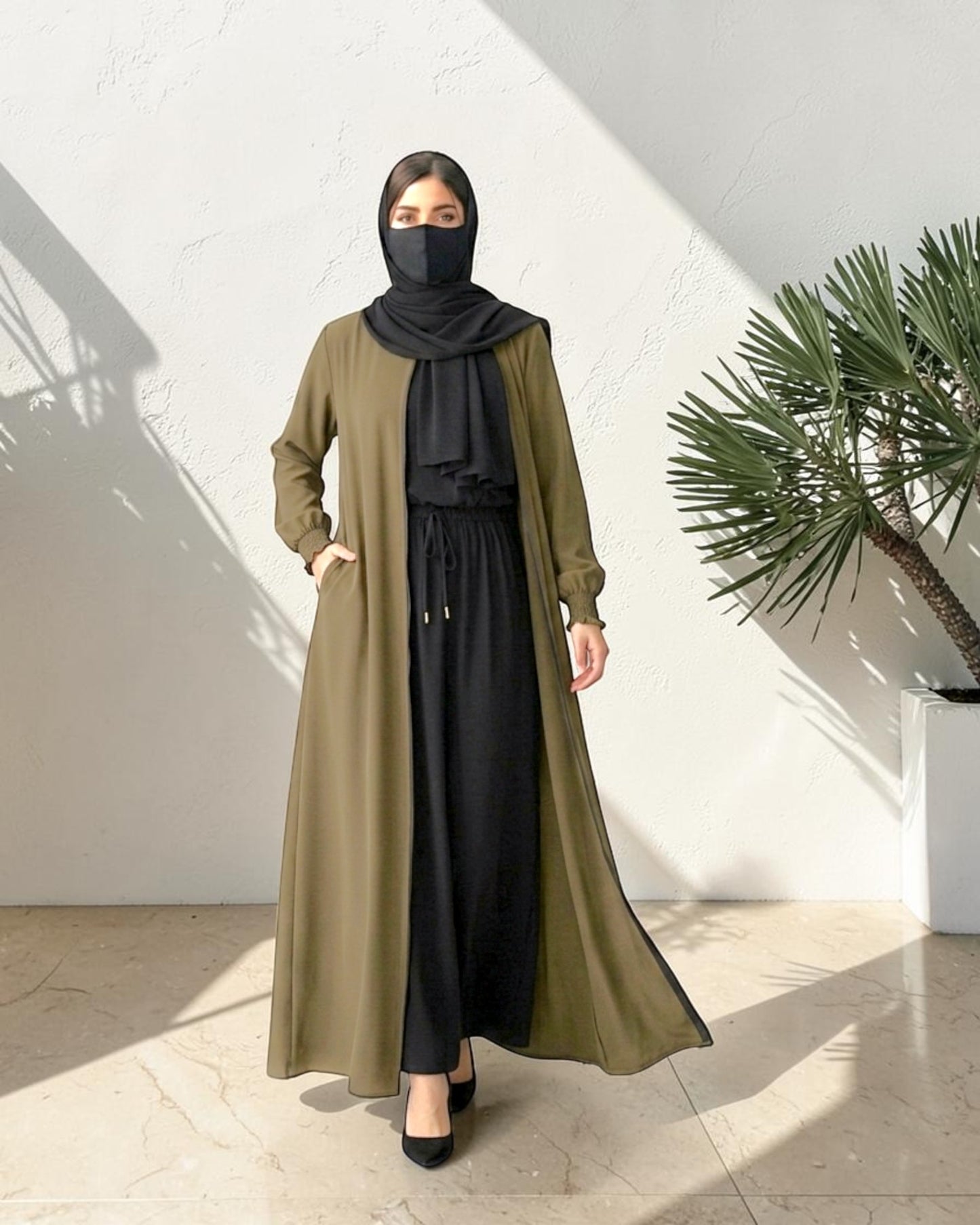 Front Open Abaya with Zipper Opening, Umbrella Flare and Matching Belt