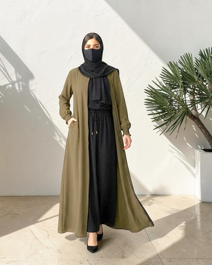 Front Open Abaya with Zipper Opening, Umbrella Flare and Matching Belt