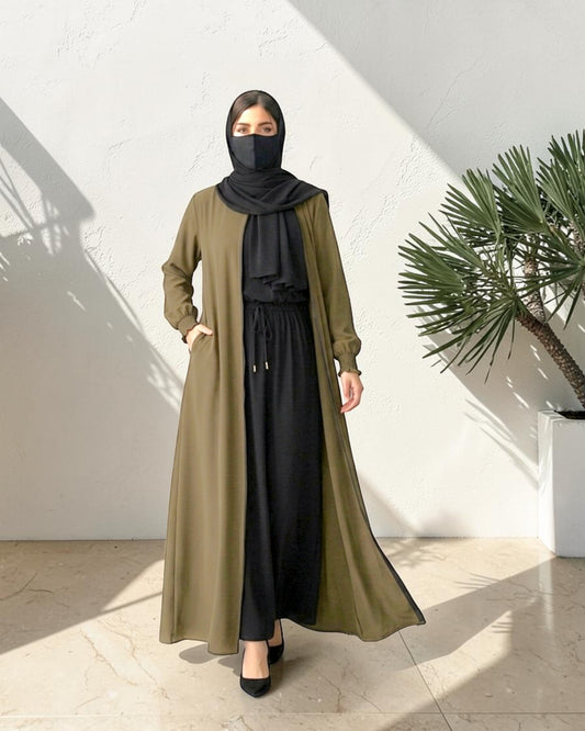 Front Open Abaya with Zipper Opening, Umbrella Flare and Matching Belt