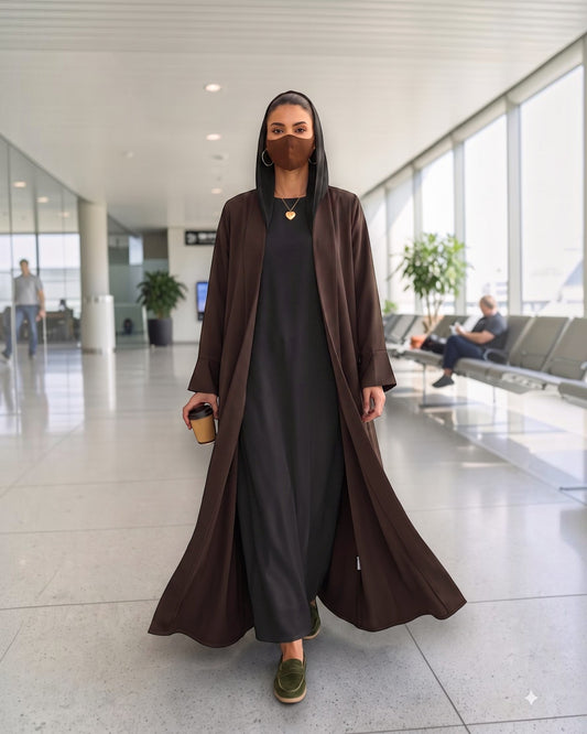 Open Abaya Shrug with Hijab & Optional Inner | Brown