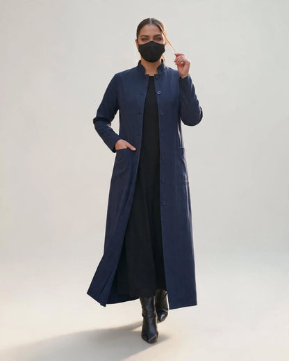 Latest Coat Abaya with Soft Shoulder Pads and Mandarin Collar| Navy Blue