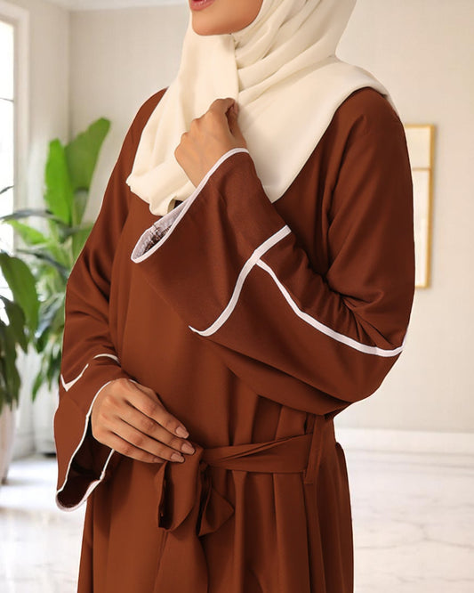 A-Line Fit Abaya with Flared Sleeves, Contrast Piping, Belt & Hijab