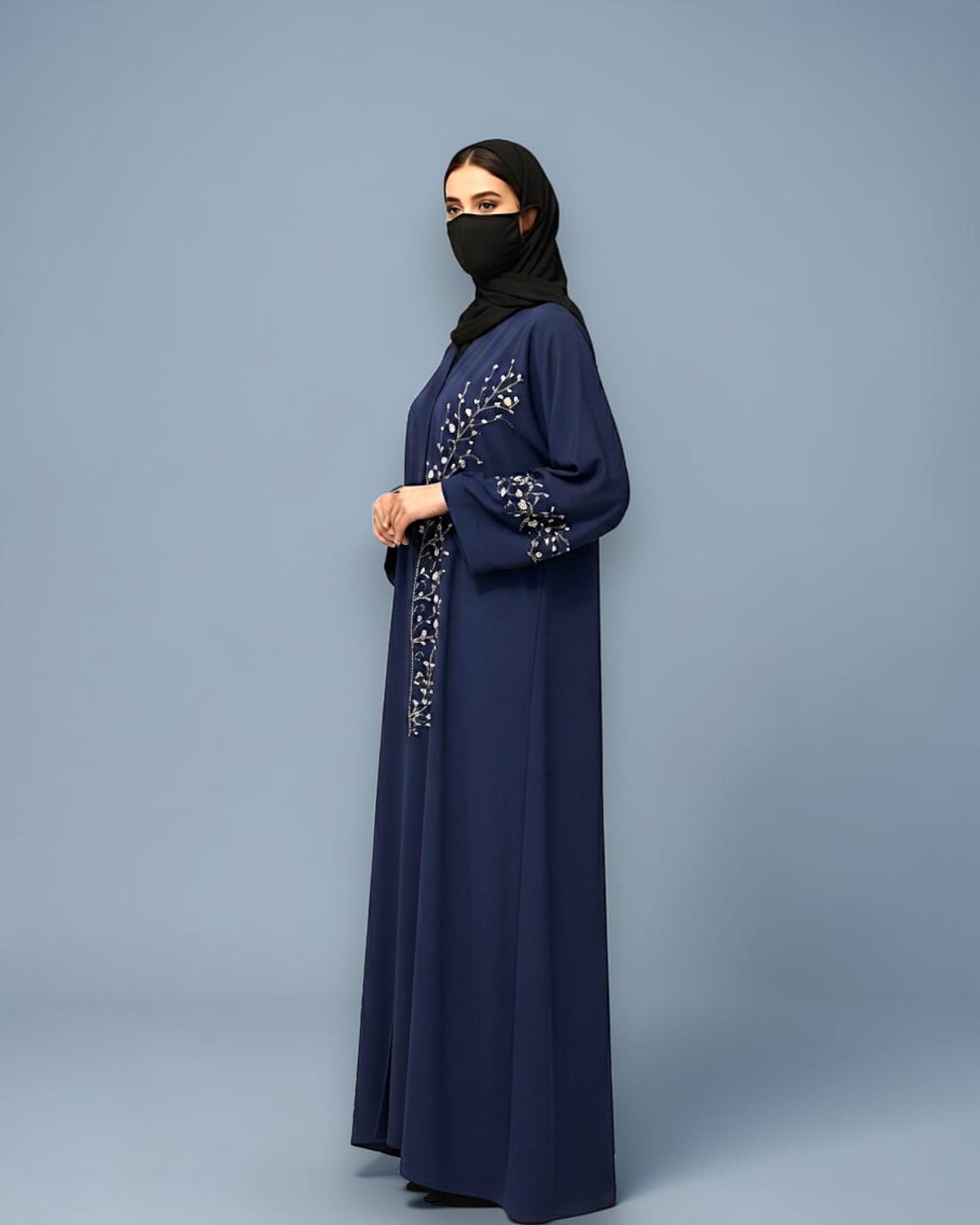 Navy Blue Praada Front-Open Embroidered Abaya with Asymmetrical Handwork