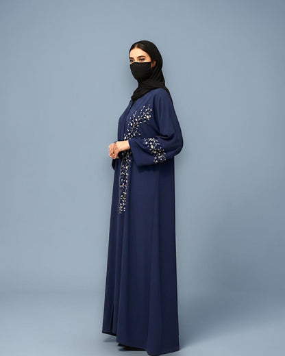 Navy Blue Praada Front-Open Embroidered Abaya with Asymmetrical Handwork