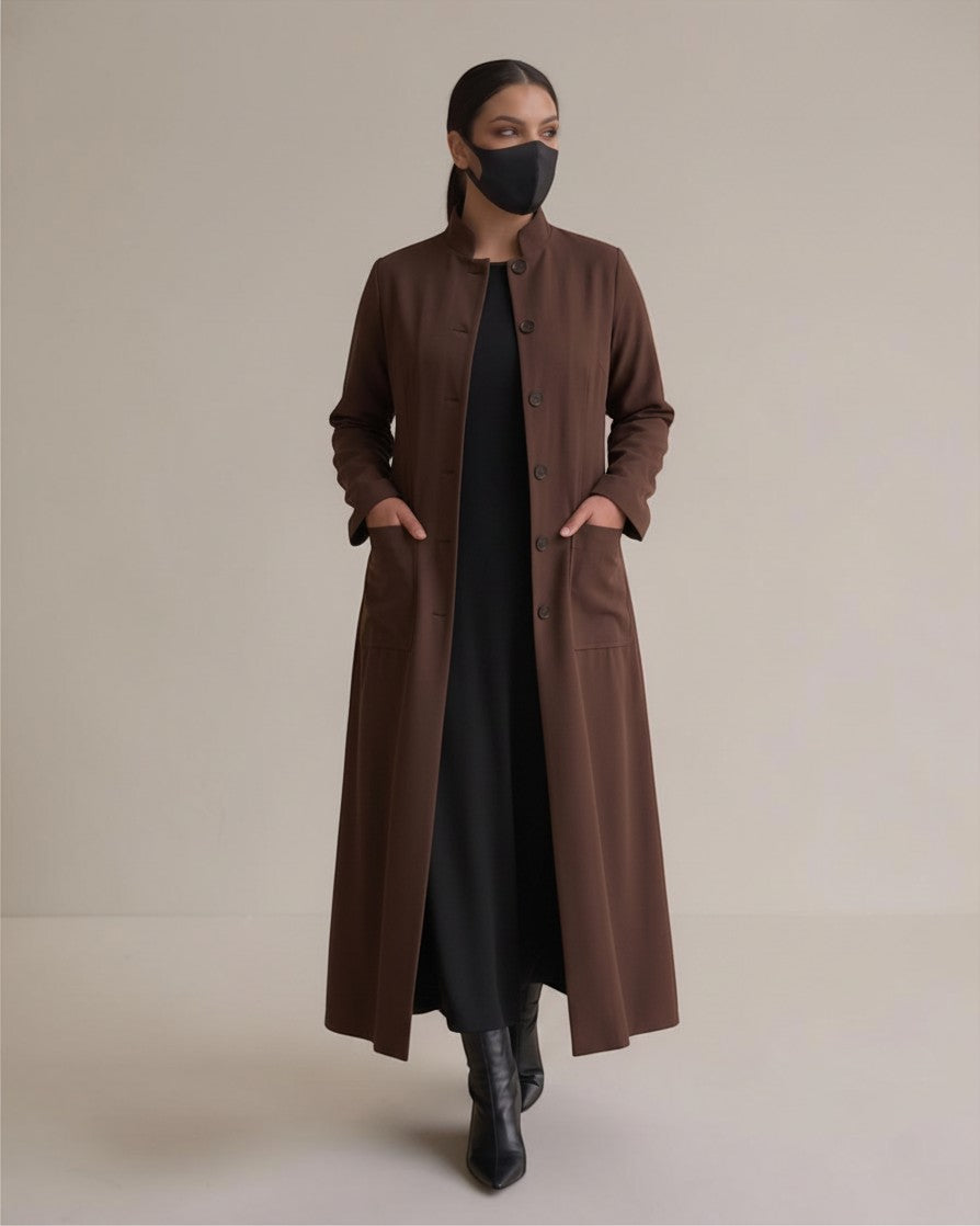 Latest Coat Abaya with Soft Shoulder Pads and Mandarin Collar| Brown