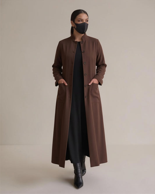 Latest Coat Abaya with Soft Shoulder Pads and Mandarin Collar| Brown