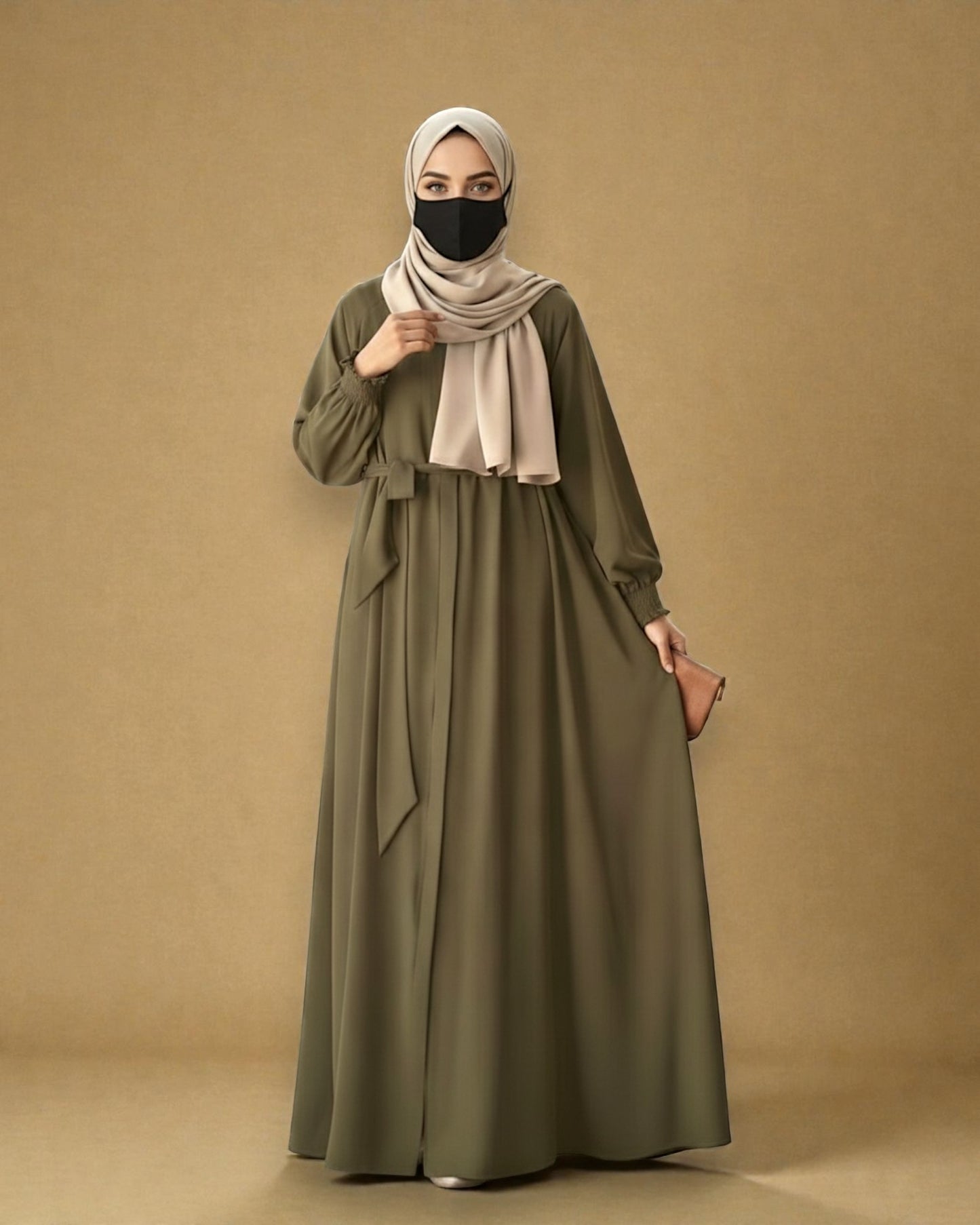 Front Open Abaya with Zipper Opening, Umbrella Flare and Matching Belt