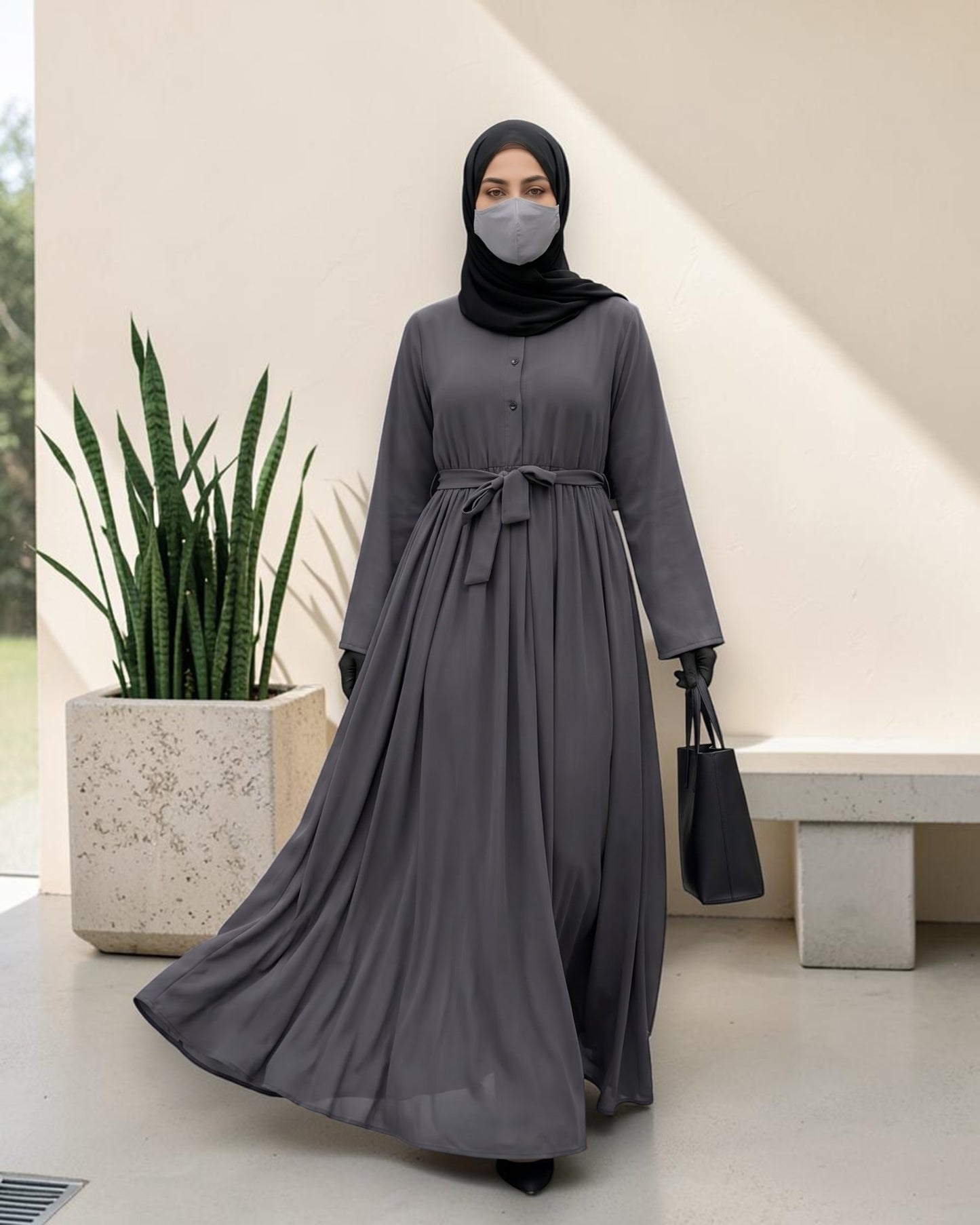 Stylish Umbrella Flare Mahram-Abaya with a Belt and Hijab in Firdaus Fabric