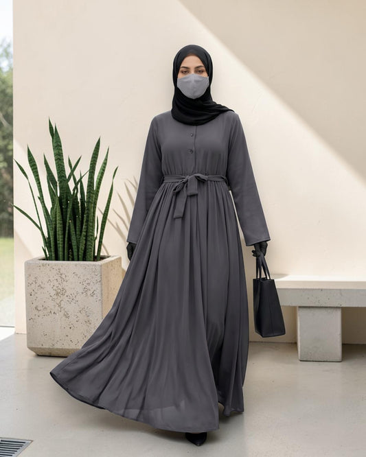 Stylish Umbrella Flare Mahram-Abaya with a Belt and Hijab in Firdaus Fabric