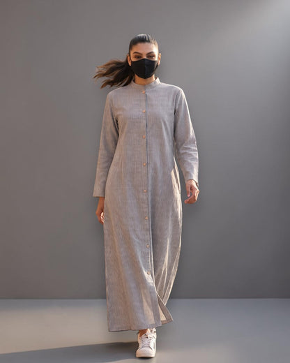 Grey Striped Cotton Front-Open Abaya Shirt with Mandarin Collar