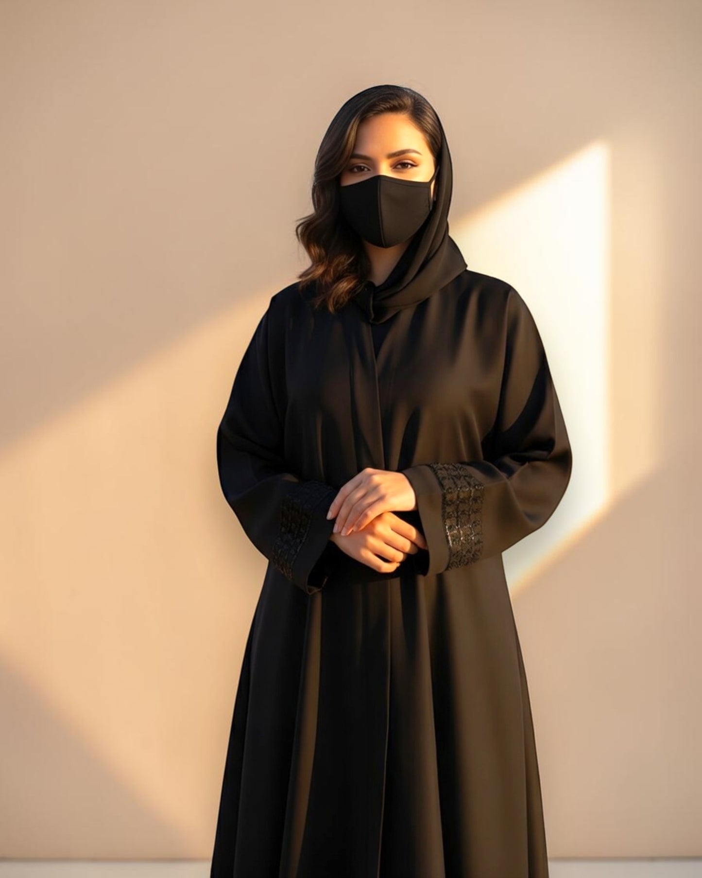 Black Praada Mahram Front-Open Burqa with Side Pockets and Sleeve Embellishments