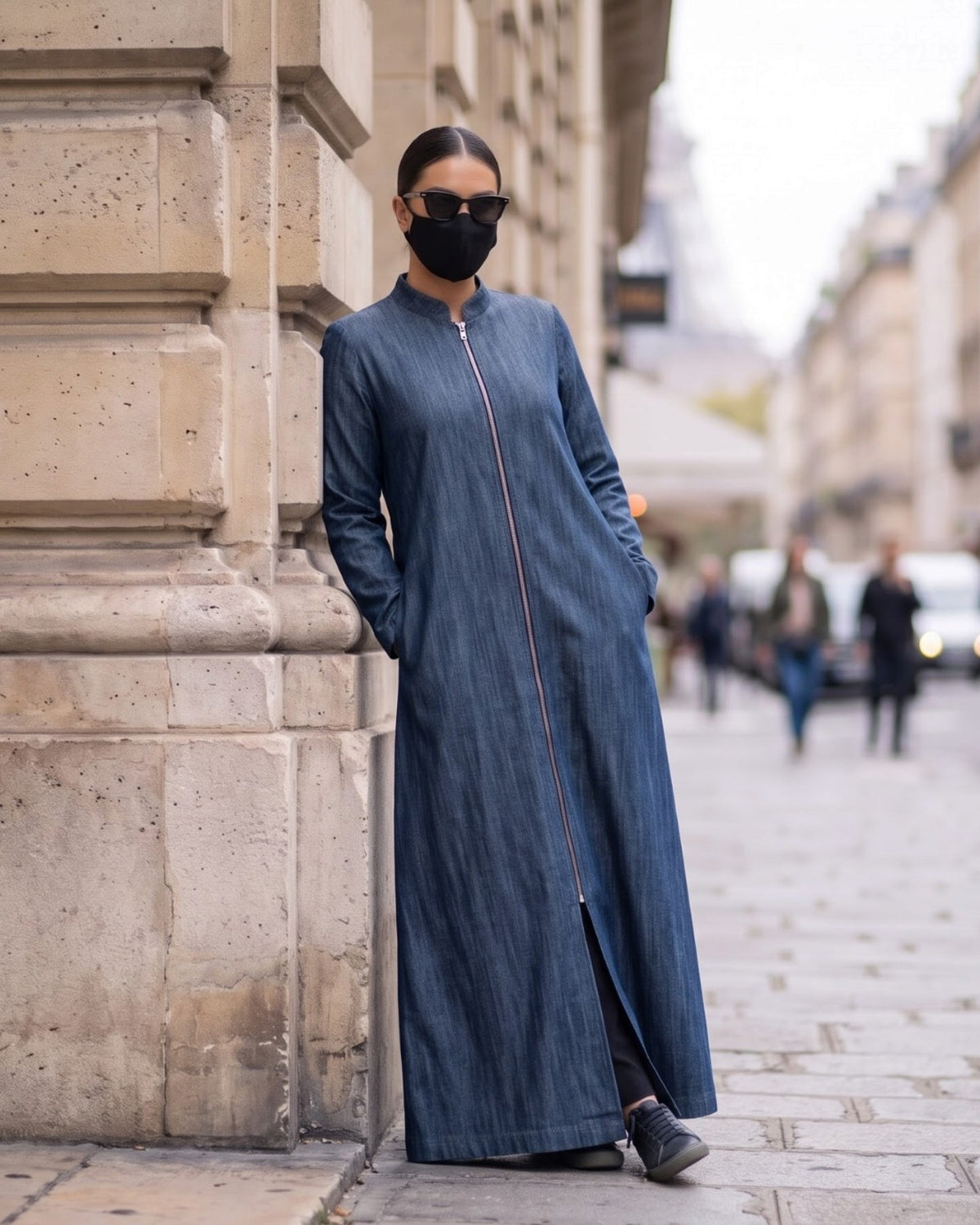 Urban Denim Zipper Abaya with Mandarin Collar