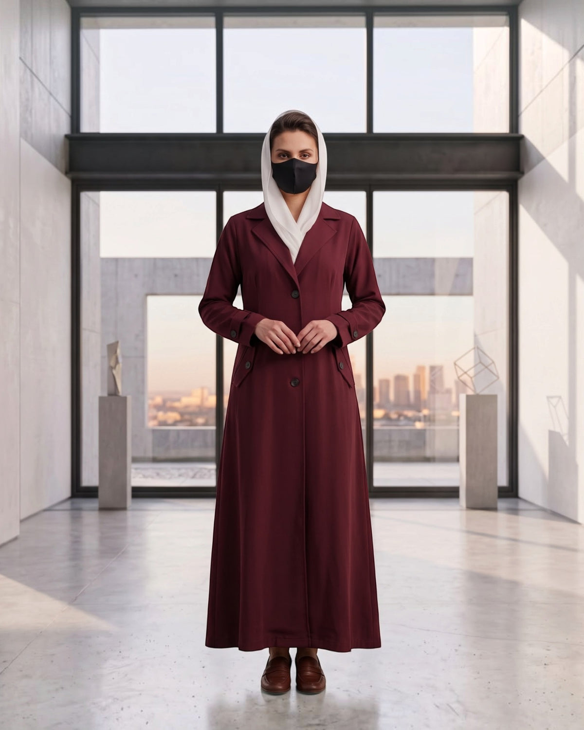 Executive Abaya Coat with Structured Shoulders (Maroon)
