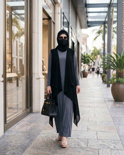 3-Piece Layered Abaya Set with Asymmetrical 'Free Size Shrug' & Hijab
