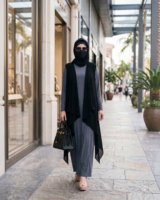 3-Piece Layered Abaya Set with Asymmetrical 'Free Size Shrug' & Hijab