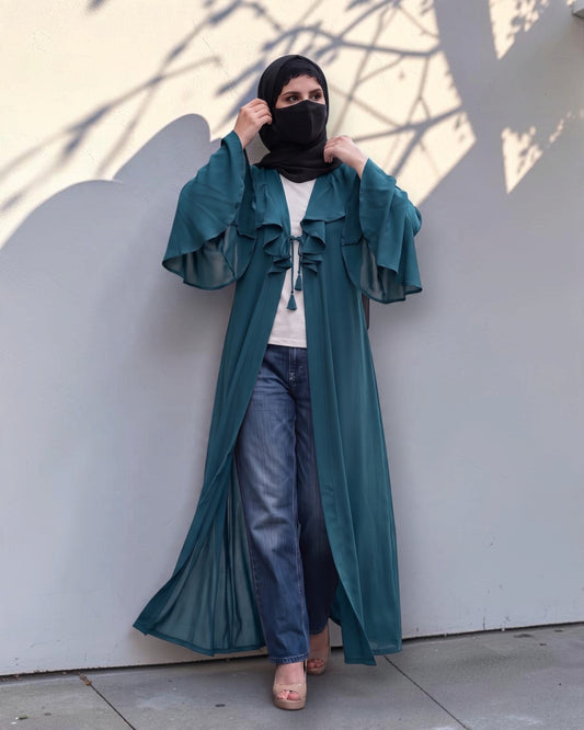 Designer Long Abaya Shrug with Cascading Yoke Detail