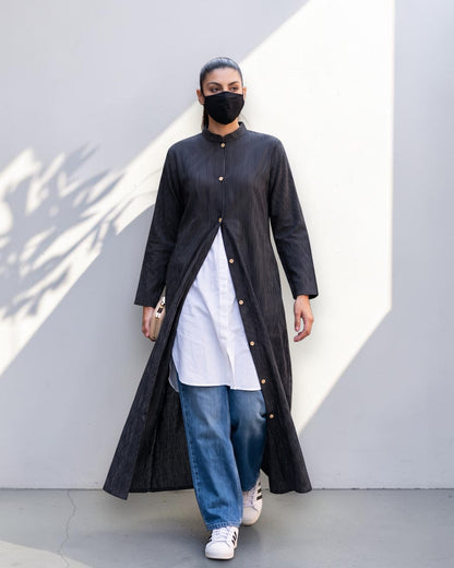 Black Striped Cotton Front-Open Abaya Shirt with Mandarin Collar