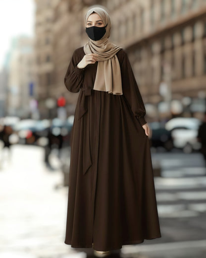 Front Open Abaya with Zipper Opening, Umbrella Flare and Matching Belt