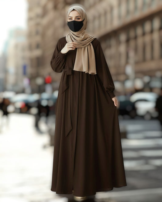 Front Open Abaya with Zipper Opening, Umbrella Flare and Matching Belt