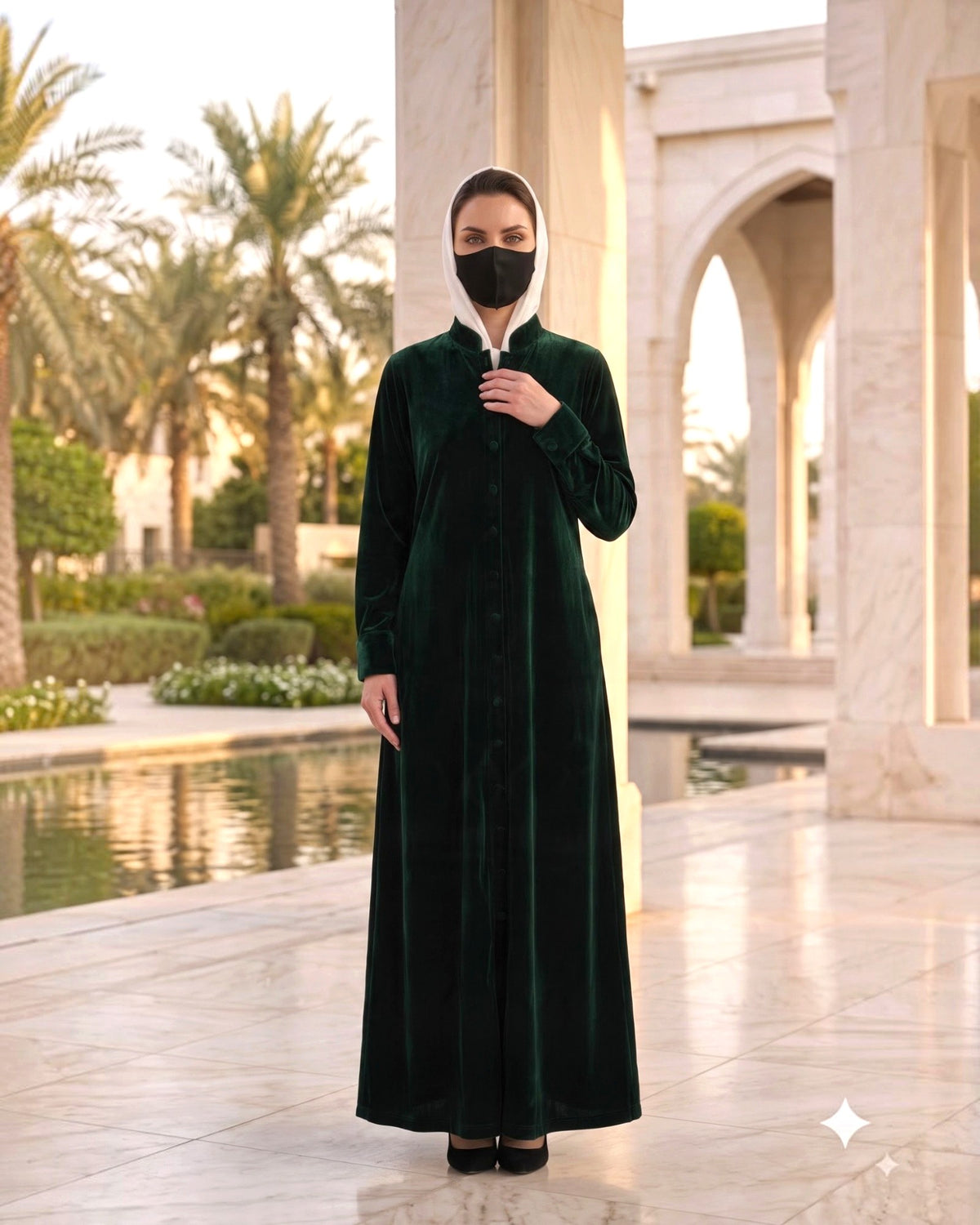 Regal Button-Front Velvet Abaya with Side Pockets