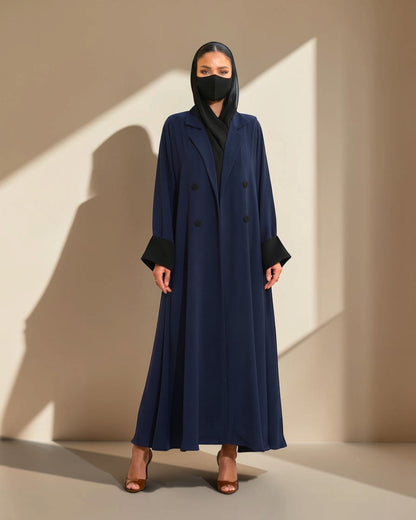 Navy Blue Double-Breasted Coat Style Abaya with Contrast Collar