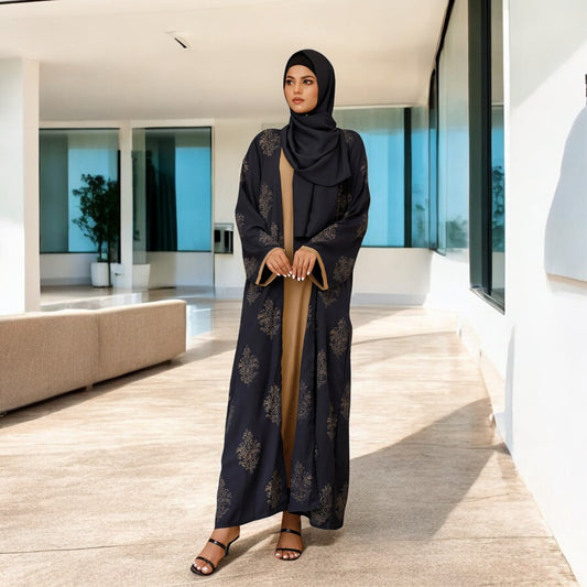 Elegant Three-Piece Abaya Set with Golden Print